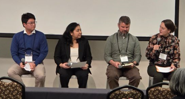 The 2026 CMI Winter Meeting featured a “Life after CMI” panel discussion moderated by Celeste Stroup, CMI Education and Workforce Development Program Manager at Colorado School of Mines (shown right). The panelists (shown from left): Arturo Hirata-Miyasaki, USA Rare Earth, former CMI graduate student at Colorado School of Mines Kinjal Gandha, Principal Mineral, former CMI postdoc at Ames National Laboratory Max Brown, Colorado School of Mines, former CMI graduate student at Colorado School of Mines